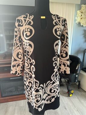 New York & Company Black Dress with Beige Scroll Print — Women's Long Sleeve
